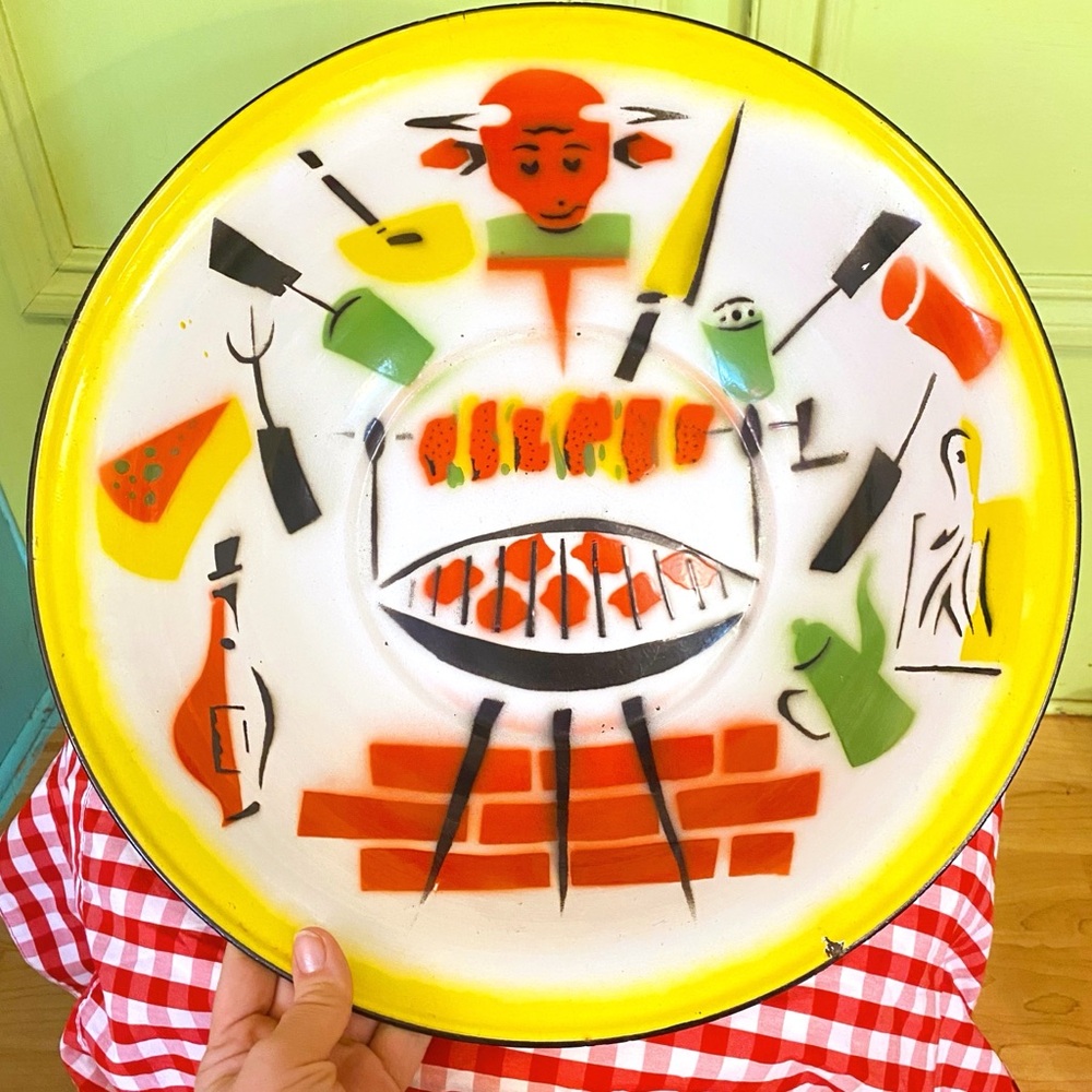 1950s Enamel Painted BBQ Theme Large Bowl Green, Yellow And Red